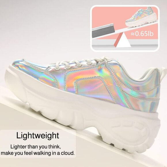 Lucky Step Women's Hologram Silver Platform Dad Casual Lace Up Walking Sneakers - Picture 9 of 9